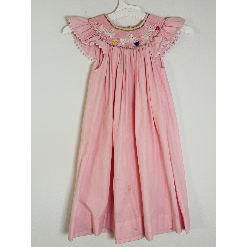Remember Nguyen Girls Pink Gingham Smocked Bunny Easter Dress Size 4 Flutter